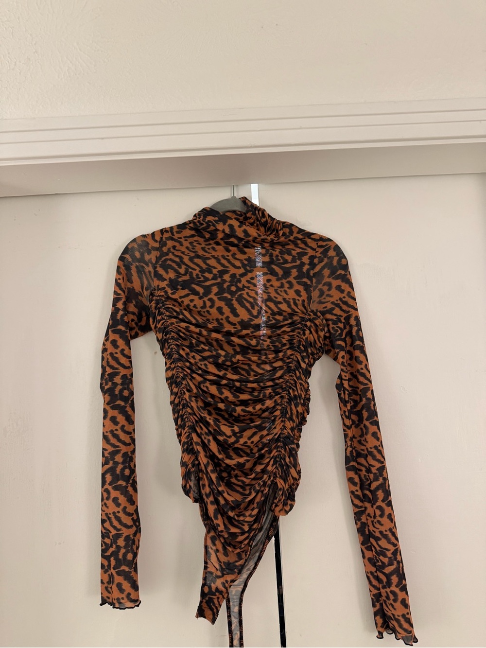 Free People Brown & Black Leopard Ruched Long Sleeve Bodysuit